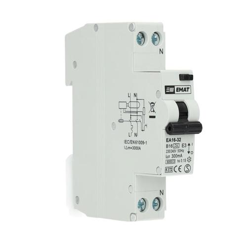 EMAT aardlekautomaat 1-polig+nul 16A B-kar 300mA (85006016), Doe-het-zelf en Verbouw, Elektra en Kabels, Verzenden