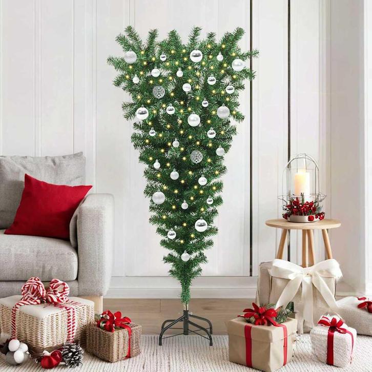 vidaXL Ondersteboven Kunst Kerstboom met Ballenset Groen 150, Diversen, Kerst, Nieuw, Verzenden