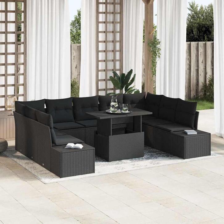 vidaXL Tuin Sofa Set met opslag 10 pcs Zwart Poly riet, Tuin en Terras, Tuinsets en Loungesets, Nieuw, Rotan, Verzenden