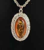 Amber ovale hanger ketting met zilveren ketting - Barnsteen