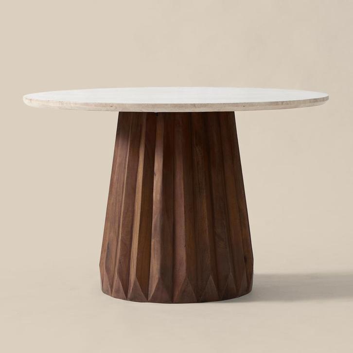 *WOONWINKEL* Ronde Eettafel Beige Marmer En Hout, Huis en Inrichting, Tafels | Eettafels, Nieuw, Verzenden