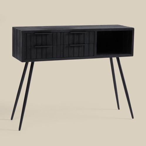 *WOONWINKEL* Zwarte Wandtafel Teak Latjes, Huis en Inrichting, Tafels | Sidetables, Nieuw, Verzenden
