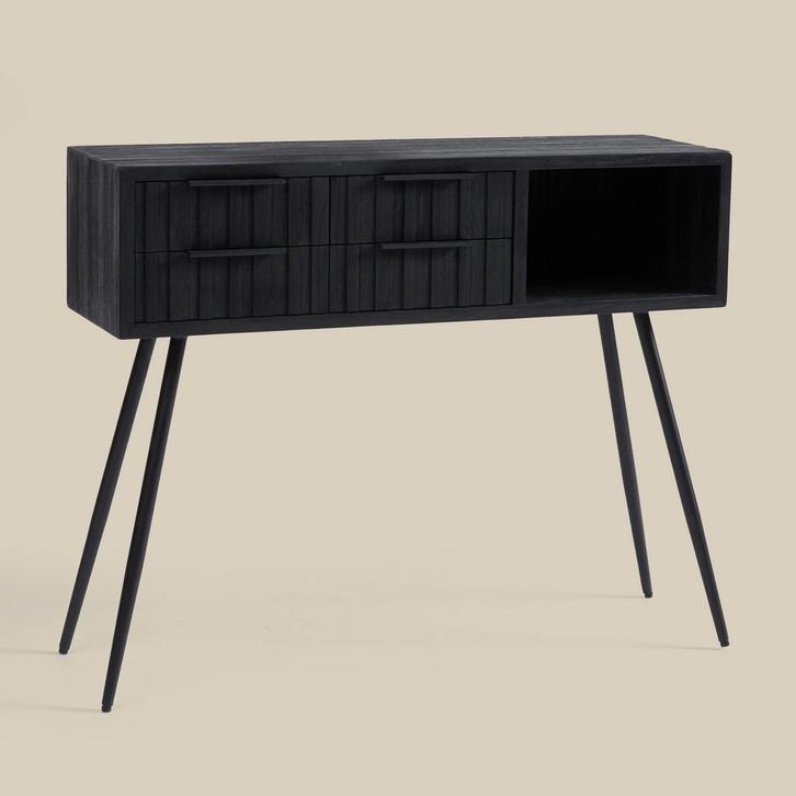 *WOONWINKEL* Zwarte Wandtafel Teak Latjes, Huis en Inrichting, Tafels | Sidetables, Nieuw, Verzenden