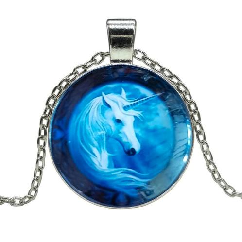 Fako Bijoux® - Ketting - Cabochon - Eenhoorn - Blauw, Sieraden, Tassen en Uiterlijk, Kettingen, Verzenden