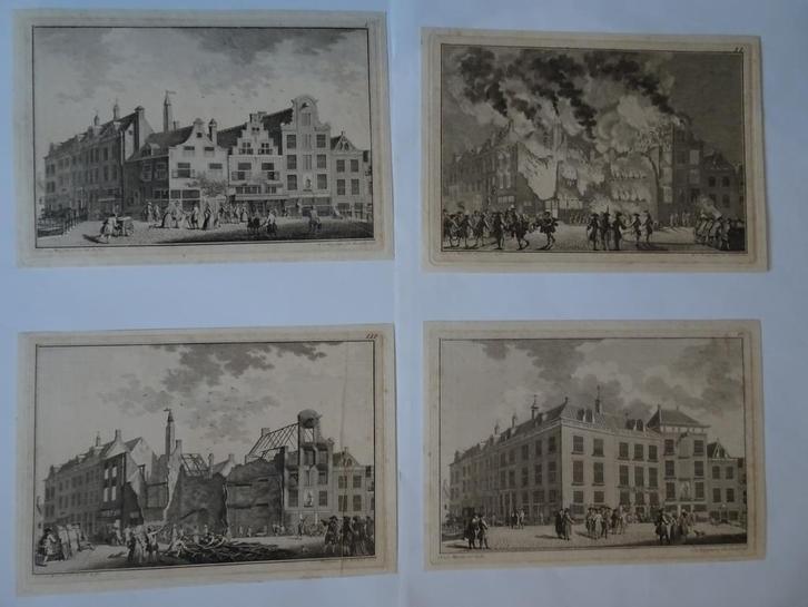 Gravures 4 fases voor na brand Visbrug Leiden 1766 vd Meer, Antiek en Kunst, Kunst | Etsen en Gravures, Verzenden