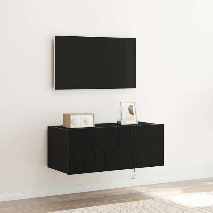 vidaXL TV Wandkast Zwart Eiken 80 x 35 x 31 cm Bewerkt hout, Huis en Inrichting, Kasten | Televisiemeubels, Nieuw, Minder dan 50 cm