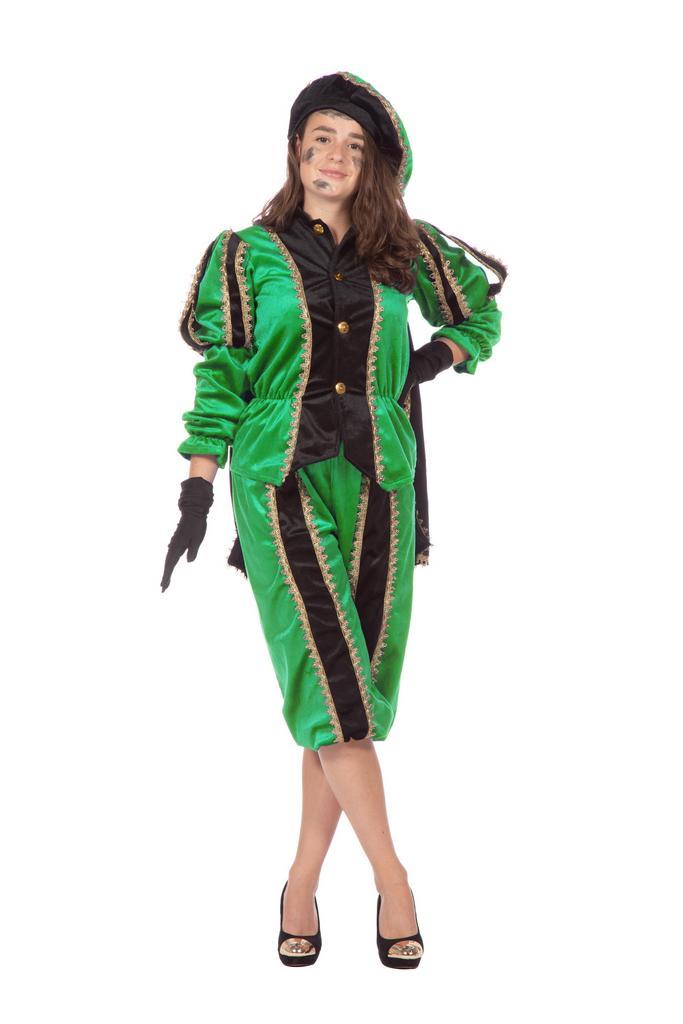 Pieten pak vrouw imitatie fluweel groen/zwart, Kleding | Dames, Carnavalskleding en Feestkleding, Nieuw, Ophalen of Verzenden