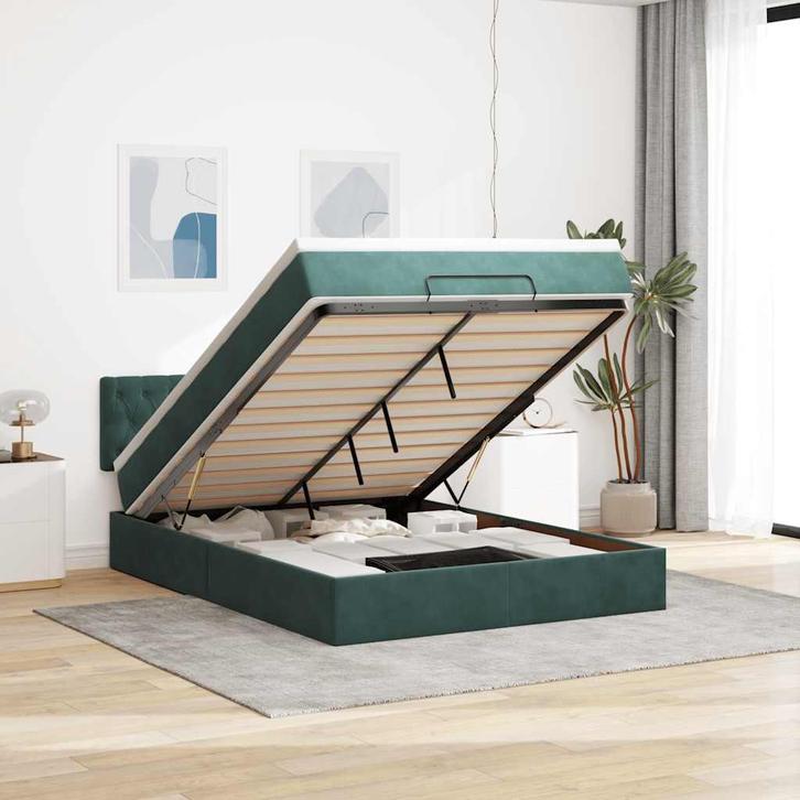 vidaXL Ottoman bed met matras en LEDs 140x200cm fluweel, Huis en Inrichting, Slaapkamer | Bedden, 140 cm, 200 cm, Groen, Tweepersoons
