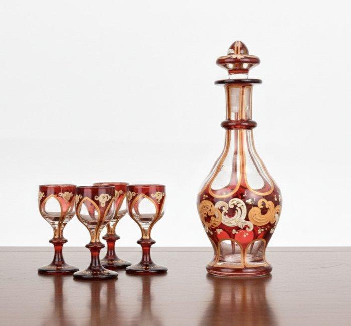 Drankservies (6) - Glas - Ruby Bohemian geëmailleerd, Antiek en Kunst, Antiek | Glas en Kristal