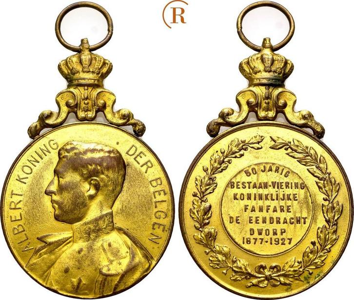 Vergoudete brons medaille 1927 Belgie: Albert I, 1909-1934:, Postzegels en Munten, Penningen en Medailles, Verzenden