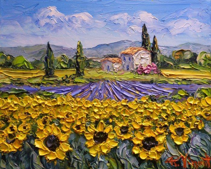 R. Vincent (1954) - Champs de Tournesols en Provence oeuvre, Antiek en Kunst, Kunst | Schilderijen | Modern