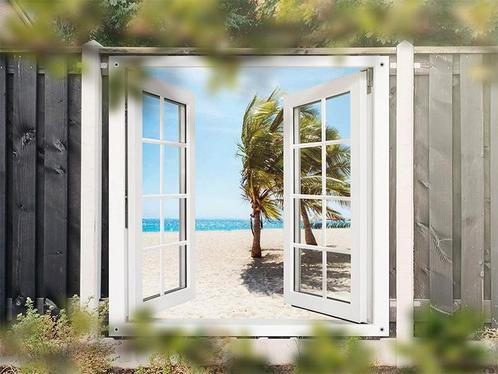 NR 1423: Tuinposter doorkijkje strand palmbomen 180x180cm, Tuin en Terras, Tuinwanddecoratie, Nieuw