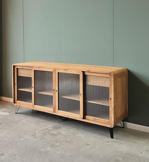 Dressoir | Teakhout | Ribbelglas | 200cm breed | Voorradig!, Huis en Inrichting, Kasten | Dressoirs, 150 tot 200 cm, 25 tot 50 cm