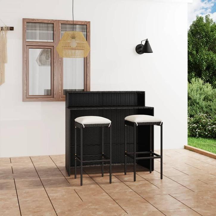 vidaXL 3-delige Tuinbarset met kussens zwart, Tuin en Terras, Tuinsets en Loungesets, Nieuw, 2 zitplaatsen, Rotan, Verzenden
