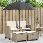 vidaXL Tuinbank 2-zits met parasol en voetenbanken poly, Tuin en Terras, Verzenden, Nieuw, Rotan