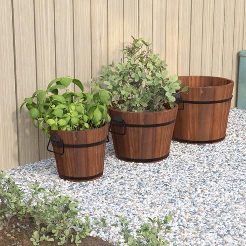 vidaXL Plantenbakset houten emmer 3-delig massief vurenhout, Tuin en Terras, Bloembakken en Plantenbakken, Minder dan 60 cm, Nieuw