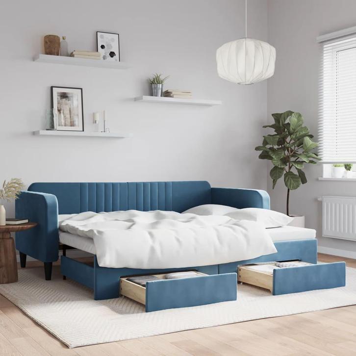 vidaXL Slaapbank met onderschuifbed en lades 90x200 cm, Huis en Inrichting, Slaapkamer | Bedden, 90 cm, 200 cm, Blauw, Eenpersoons