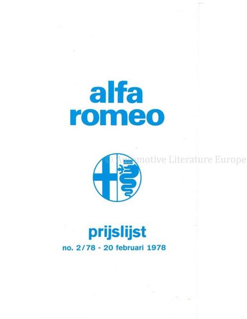 1978 ALFA ROMEO PRIJSLIJST NEDERLANDS, Boeken, Auto's | Folders en Tijdschriften, Alfa Romeo