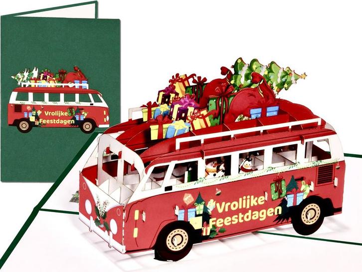 Pop-Up Kerstkaart Volkswagen Bus Vrolijke Feestdagen, Diversen, Wenskaarten, Verzenden