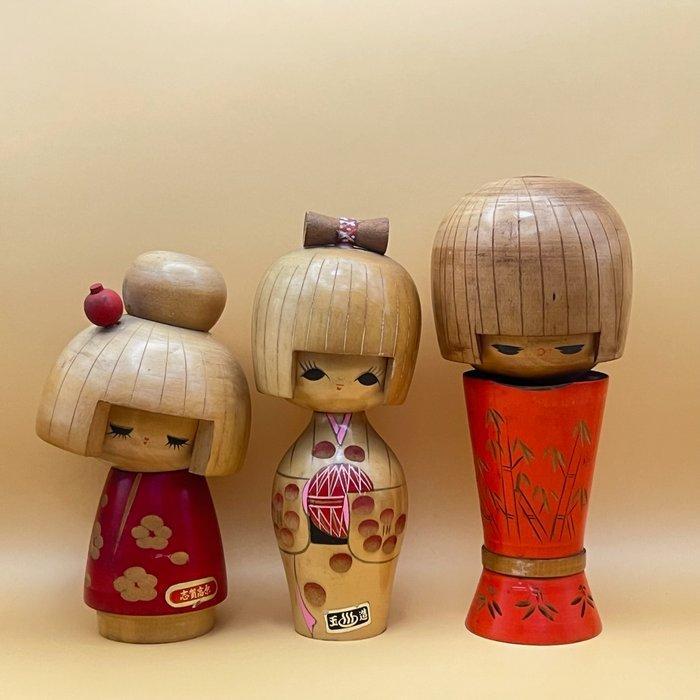 Set van 3 vintage Japanse Kokeshi-poppen – Miyashita Hajime,, Antiek en Kunst, Curiosa en Brocante