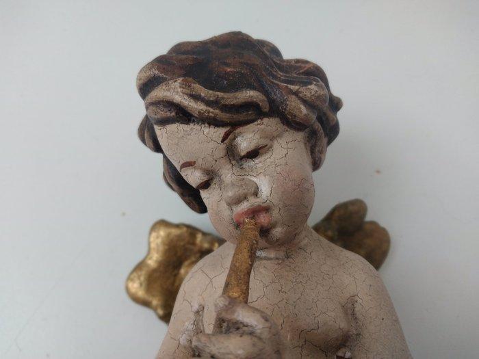 Snijwerk, Holzfigur - farbiger Engel mit Trompete - Amor -, Antiek en Kunst, Antiek | Boeken en Bijbels