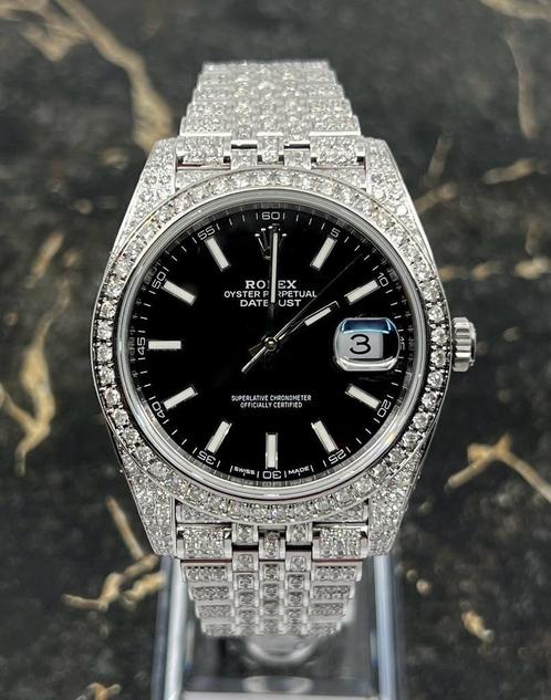 Rolex Datejust 41 - Black Dial -126300 - Iced Out - Diamonds, Sieraden, Tassen en Uiterlijk, Horloges | Heren, Staal, Nieuw, Staal