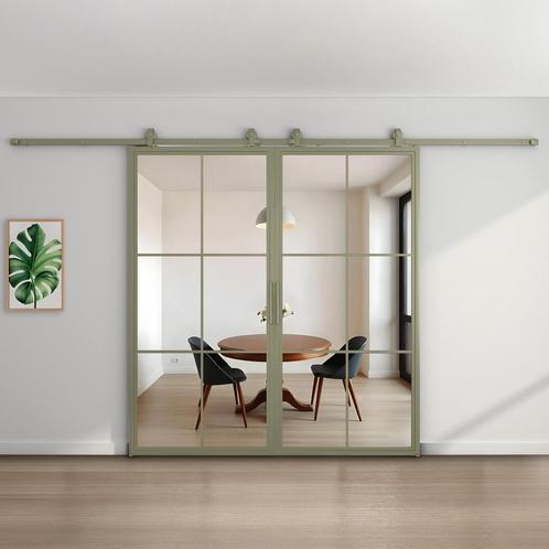 Dubbele stalen schuifdeur 6 Vlaks Olijfgroen Helder glas, Doe-het-zelf en Verbouw, Kozijnen en Schuifpuien, Inclusief glas, Nieuw