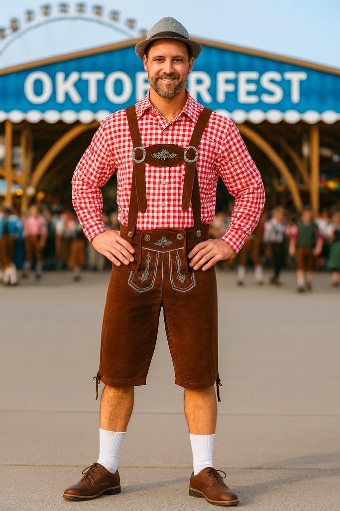 Rood Oktoberfest Kostuum met Bruine Lederhosen – - Maat L, Kleding | Heren, Carnavalskleding en Feestkleding, Nieuw, Maat 52/54 (L)