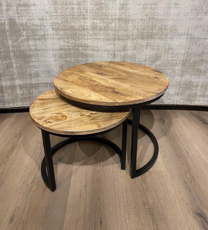 ronde salontafel set van 2 - mangohout, Huis en Inrichting, Tafels | Salontafels, 50 tot 100 cm, Rond, Nieuw, Overige houtsoorten