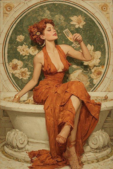 I_KONIQ - Sensual redhead woman enjoy champagne in Mucha, Antiek en Kunst, Curiosa en Brocante