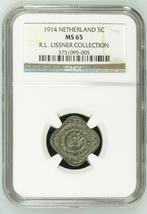 Koningin Wilhelmina 5 cent 1914 MS65 R.L. LISSNER COLLECTION, Losse munt, Verzenden