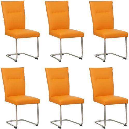 Set van 6 Oranje leren   - poot rond rvs - Toledo Leer Manda, Huis en Inrichting, Stoelen, Vijf, Zes of meer stoelen, Nieuw, Leer