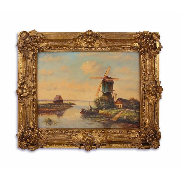 Olieverf schilderij in lijst, molen aan het water., Huis en Inrichting, Woonaccessoires | Wanddecoraties, Ophalen of Verzenden