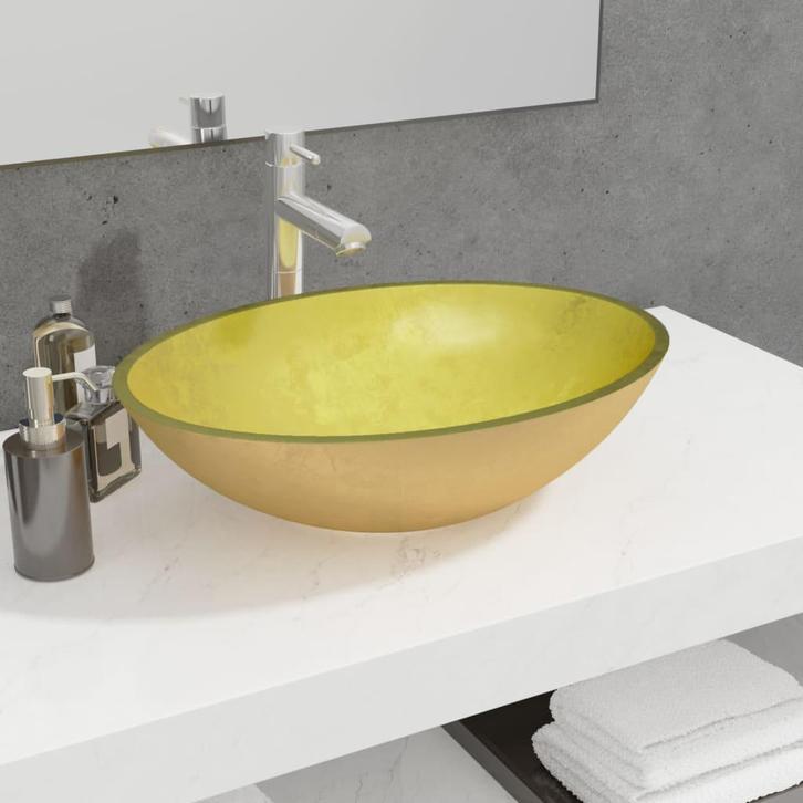 vidaXL Wasbak 50x37x14 cm glas goudkleurig, Doe-het-zelf en Verbouw, Sanitair, Nieuw, Verzenden