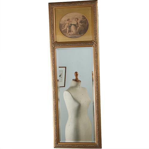 Smalle Hollandse schouwspiegel met romantische prent No29081, Antiek en Kunst, Antiek | Spiegels, Ophalen of Verzenden