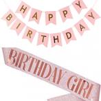 Sjerp en slinger set Birthday Girl en Happy Birthday rose go, Nieuw, Feestartikel, Verzenden, Verjaardag