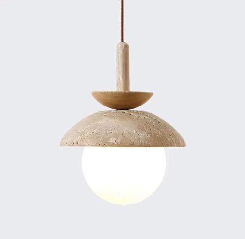 Japanse Travertijn Hanglamp – Wabi Sabi LED Lamp met Hout, Huis en Inrichting, Lampen | Hanglampen, Nieuw, Verzenden