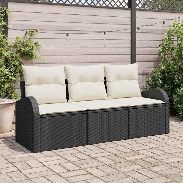 vidaXL Tuin Sofa Set met kussen 3 pcs Zwart Poly riet, Tuin en Terras, Tuinsets en Loungesets, Nieuw, Rotan, Verzenden