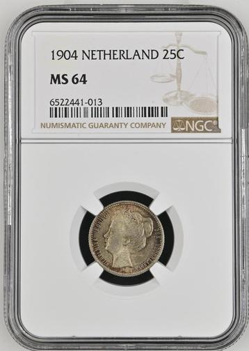 Koningin Wilhelmina 25 cent 1904 MS64 NGC gecertificeerd
