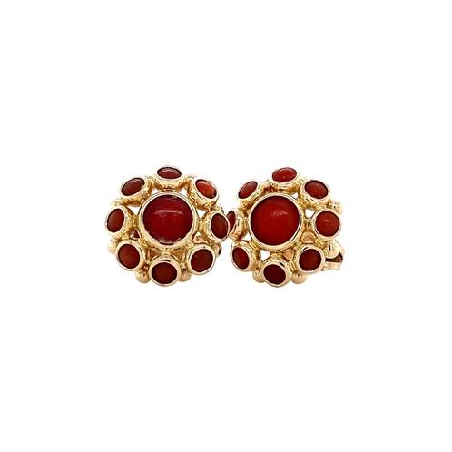 Gouden entourage oorstekers met bloedkoraal 14 krt, Sieraden, Tassen en Uiterlijk, Oorbellen, Nieuw, Ophalen of Verzenden