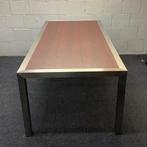 RVS tafel met noten houten fineer blad, 200x100 cm, Gebruikt, Ophalen of Verzenden, Bureau