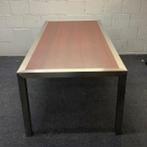 RVS tafel met noten houten fineer blad, 200x100 cm