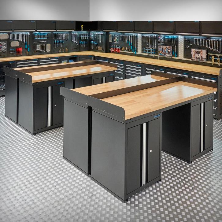 Datona Werkbank PRO eiken - 8 opbergkasten - 200 cm - zwart, Doe-het-zelf en Verbouw, Werkbanken, Nieuw, Ophalen of Verzenden