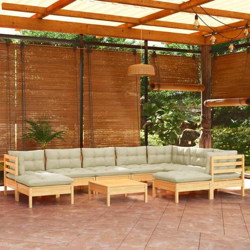 vidaXL 10-delige Loungeset met crèmekleurige kussens massief, Tuin en Terras, Tuinsets en Loungesets, Loungeset, Nieuw, Meer dan 8 zitplaatsen