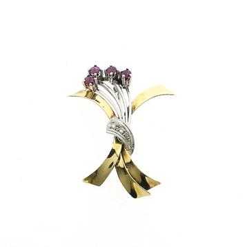 Bicolor gouden broche met robijn en diamant | 0,06 ct. beschikbaar voor biedingen