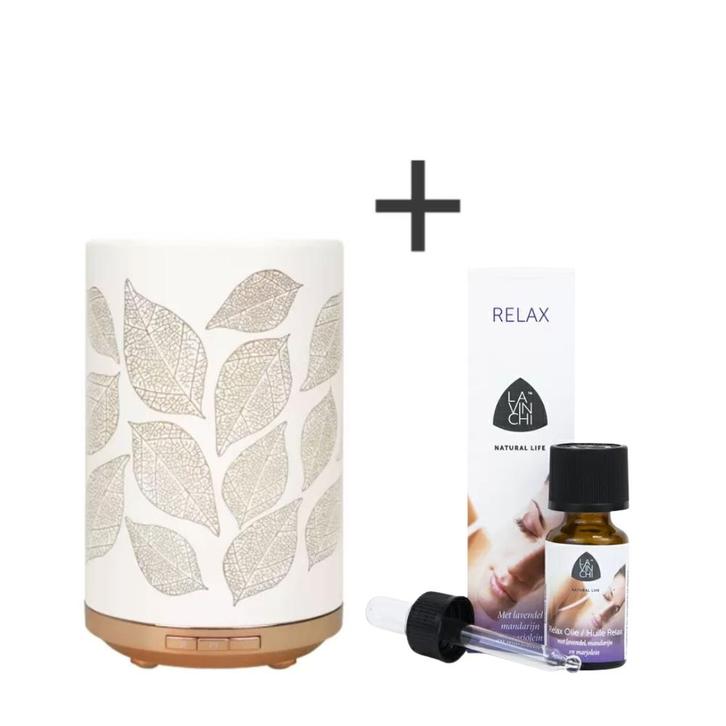 Leaves Aroma Diffuser met gratis Lavinchi Relax Mixolie -, Huis en Inrichting, Woonaccessoires | Kandelaars en Kaarsen, Ophalen of Verzenden