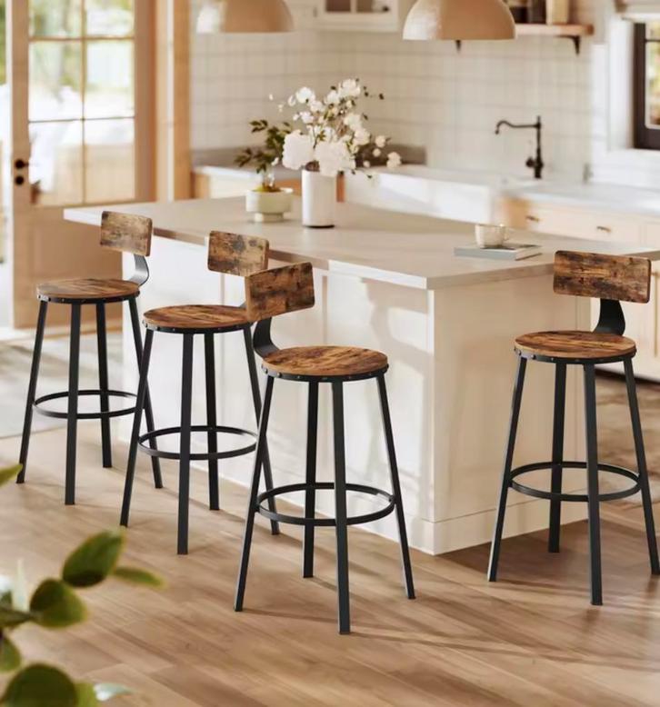 Set van 4 barkrukken industrieel vintage bruin – 73 cm hoog, Huis en Inrichting, Barkrukken, Nieuw, Met voetsteun, Hout, Metaal