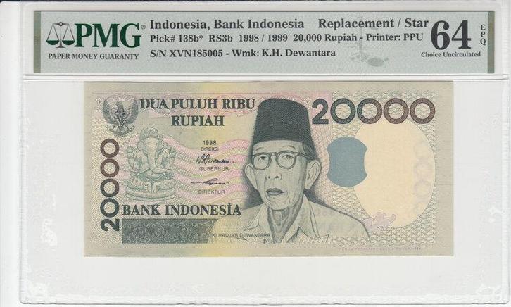 Indonesia P 138b 20 000 Rupiah 1998/1999 Replacement Pmg..., Postzegels en Munten, Bankbiljetten | Europa | Niet-Eurobiljetten
