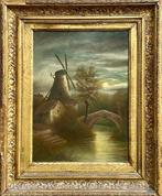 Europese school (XIX) - A Moonlit River Scene With Windmill