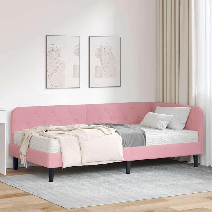 vidaXL Hoekbedframe met matras met hoofdeinde Roze 90 x 200, Huis en Inrichting, Slaapkamer | Bedden, Nieuw, Stof, Verzenden